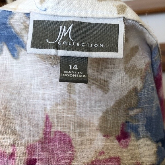 JM Collection Blouse Womens 14 Purple Blue Linen Watercolor Floral Asymmetrical - Picture 10 of 12